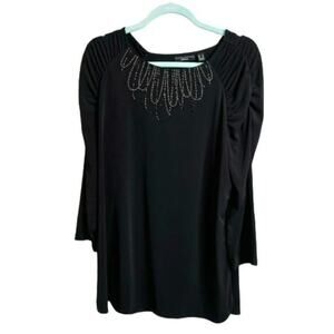 Susan Graver Artisan Black Beaded Top with Rouched Sleeves Sz L